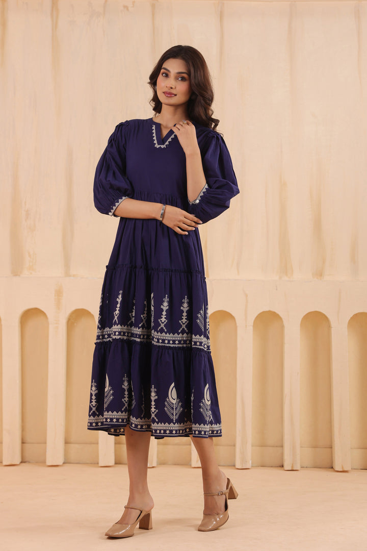 Blue Cotton Floral Printed Flared Dress