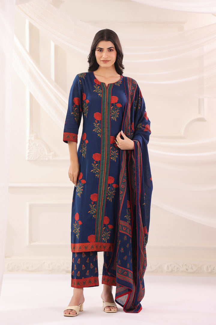 Blue Cotton Printed Designer Kurta Pant Dupatta Set
