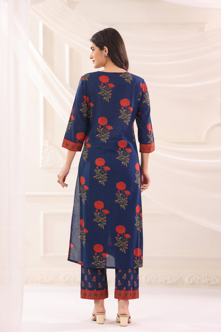 Blue Cotton Printed Designer Kurta Pant Dupatta Set