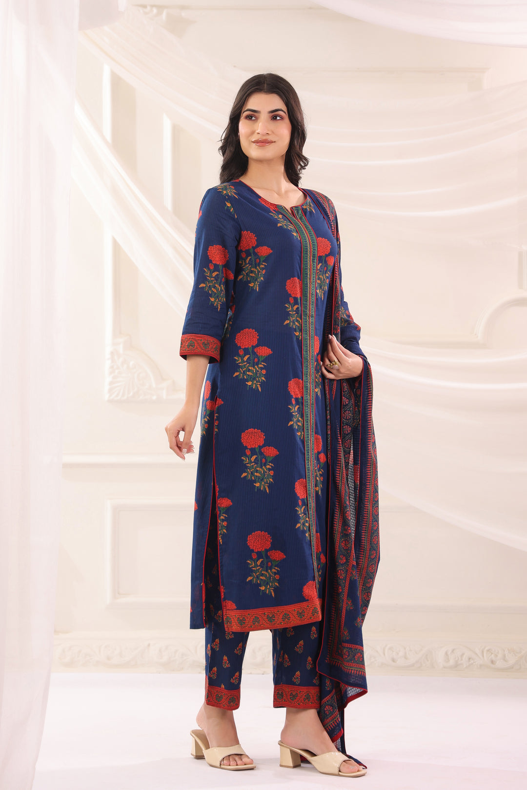 Blue Cotton Printed Designer Kurta Pant Dupatta Set