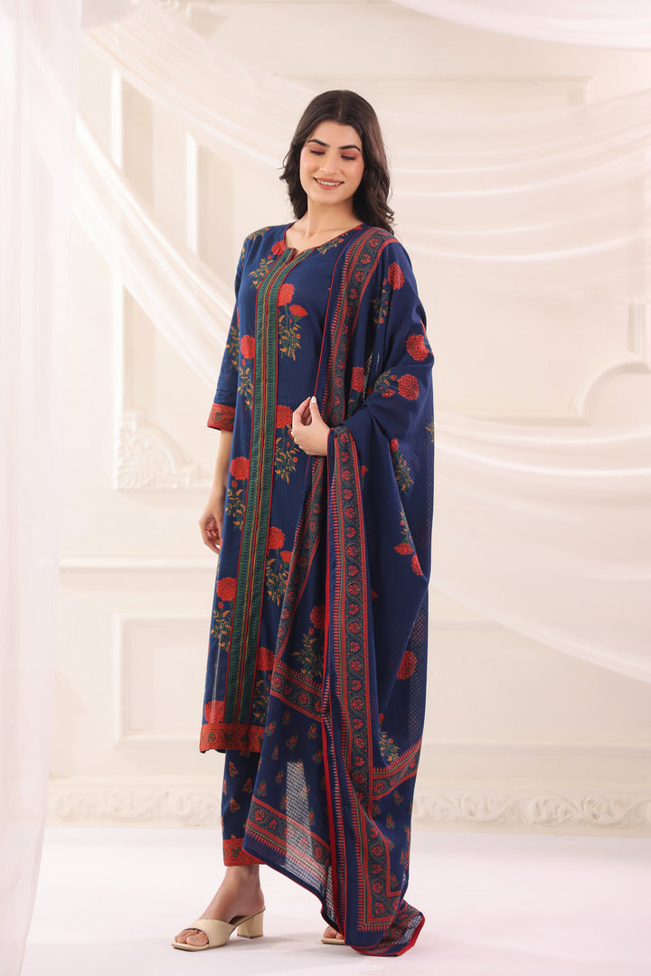 Blue Cotton Printed Designer Kurta Pant Dupatta Set