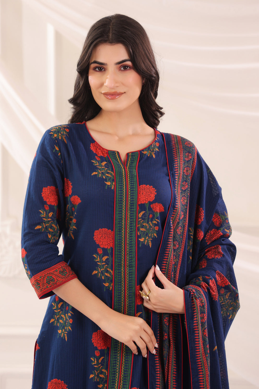 Blue Cotton Printed Designer Kurta Pant Dupatta Set