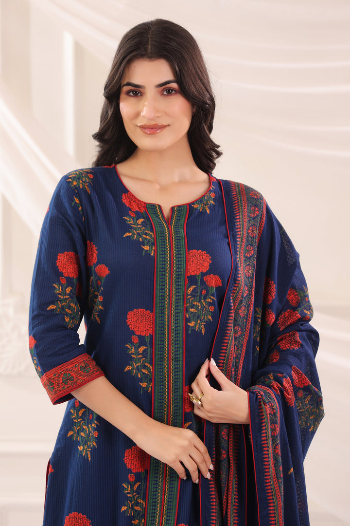 Blue Cotton Printed Designer Kurta Pant Dupatta Set