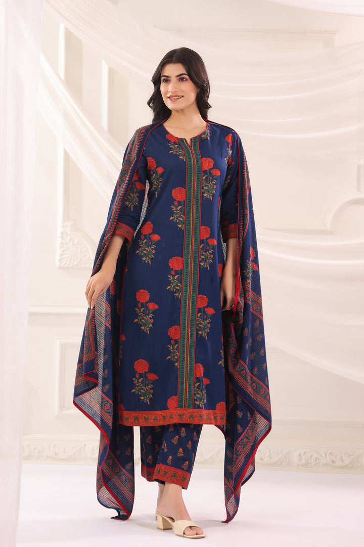 Blue Cotton Printed Designer Kurta Pant Dupatta Set