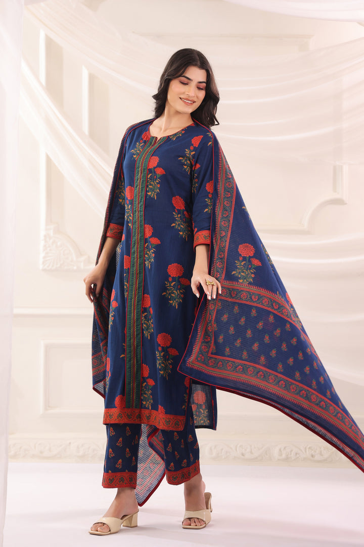 Blue Cotton Printed Designer Kurta Pant Dupatta Set