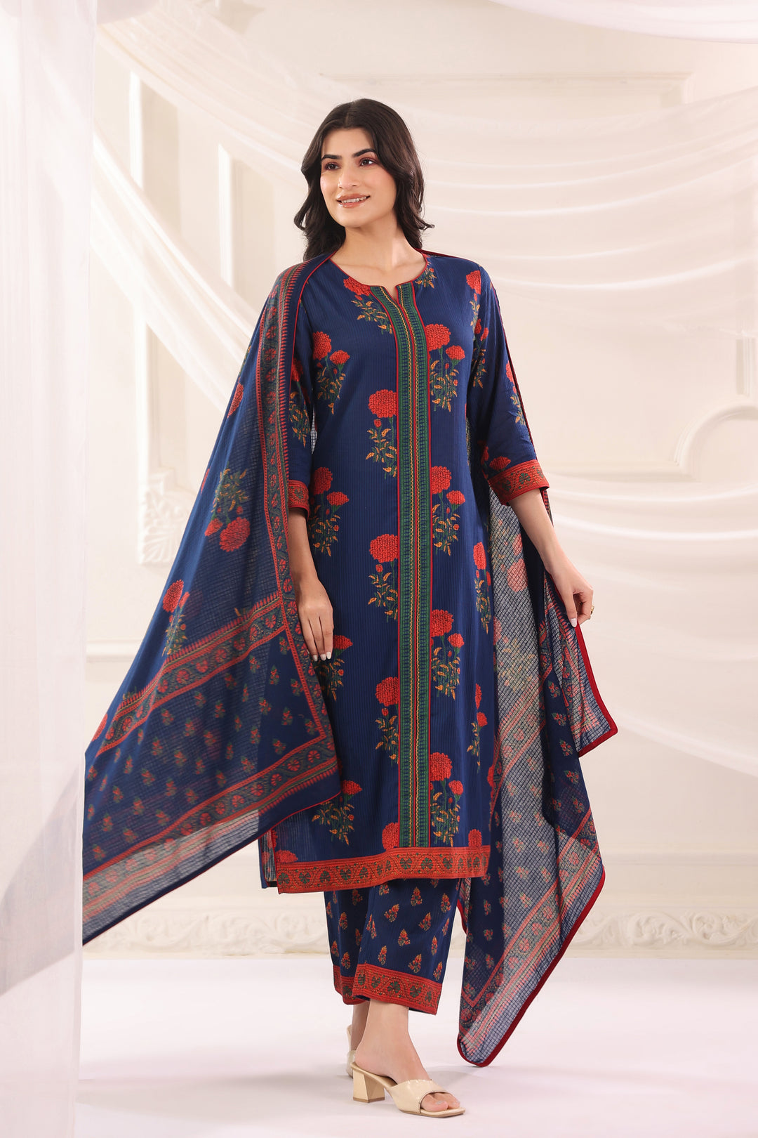 Blue Cotton Printed Designer Kurta Pant Dupatta Set