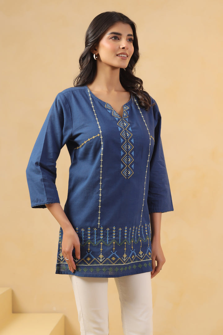 Blue Cotton Embroidered Designer Top
