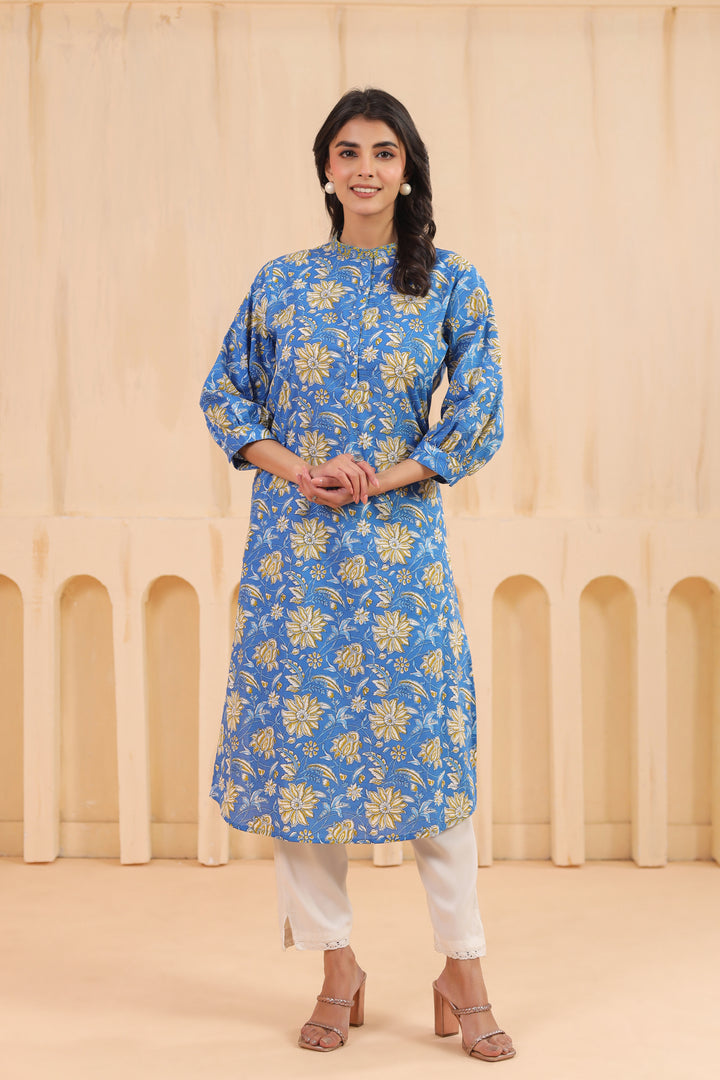 Blue Cotton Printed Straight  Kurta