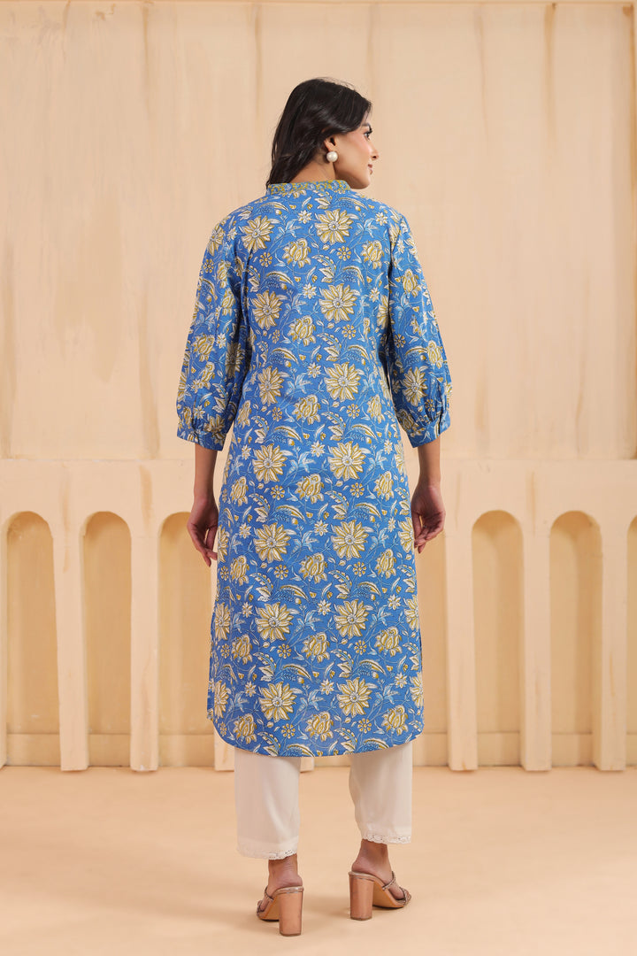 Blue Cotton Printed Straight  Kurta