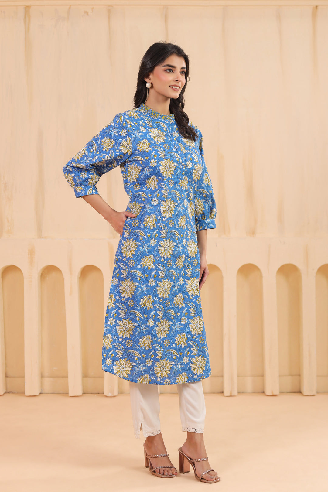 Blue Cotton Printed Straight  Kurta