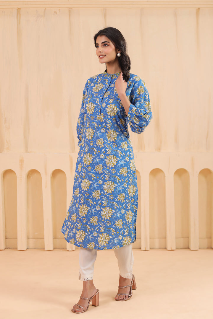 Blue Cotton Printed Straight  Kurta