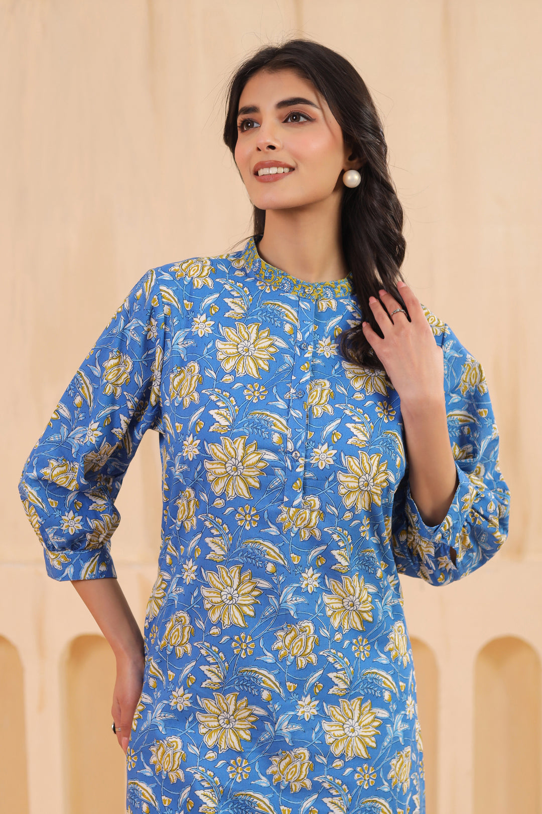 Blue Cotton Printed Straight  Kurta