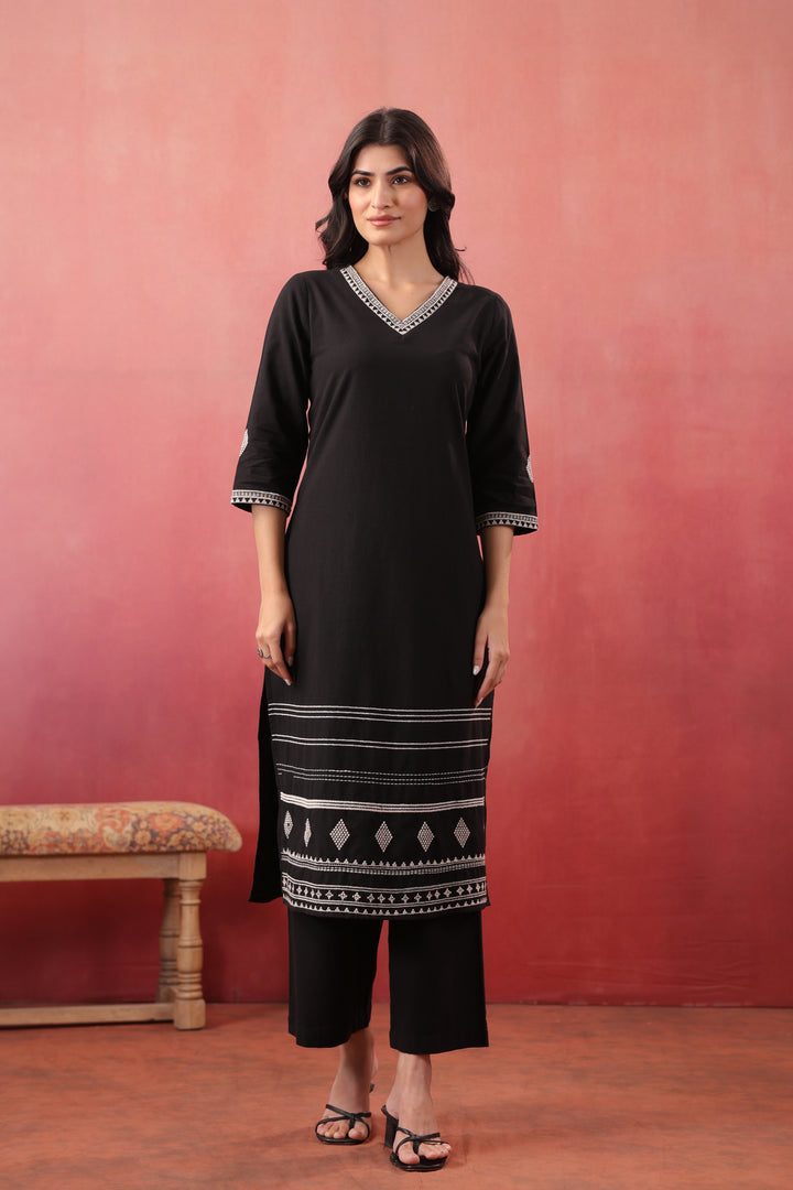 Black Cotton Flex Embroidered Designer Kurta Pant Set