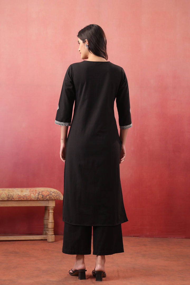 Black Cotton Flex Embroidered Designer Kurta Pant Set