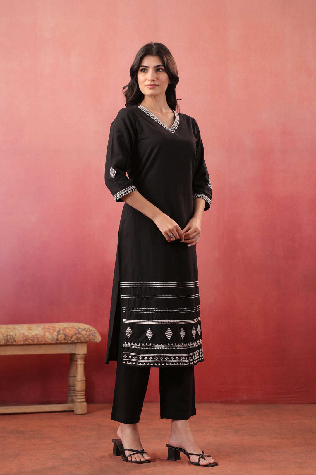 Black Cotton Flex Embroidered Designer Kurta Pant Set