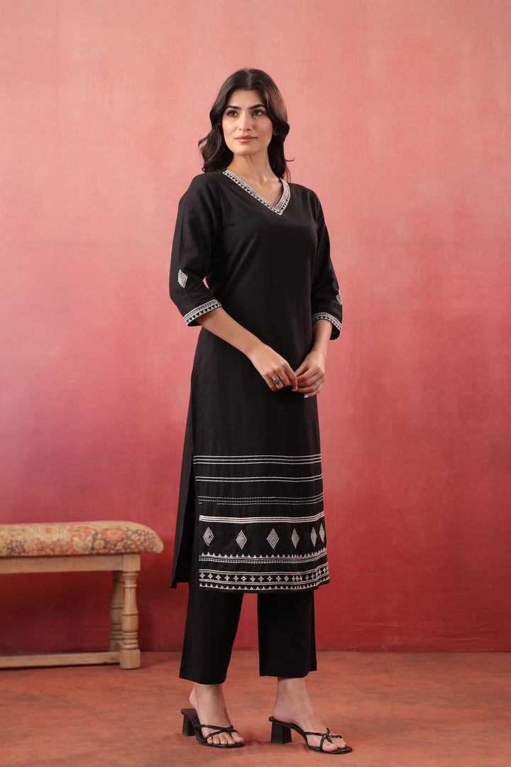 Black Cotton Flex Embroidered Designer Kurta Pant Set