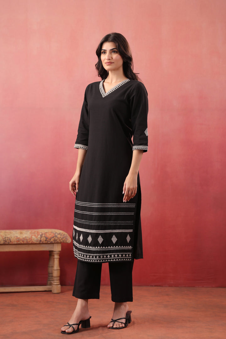 Black Cotton Flex Embroidered Designer Kurta Pant Set