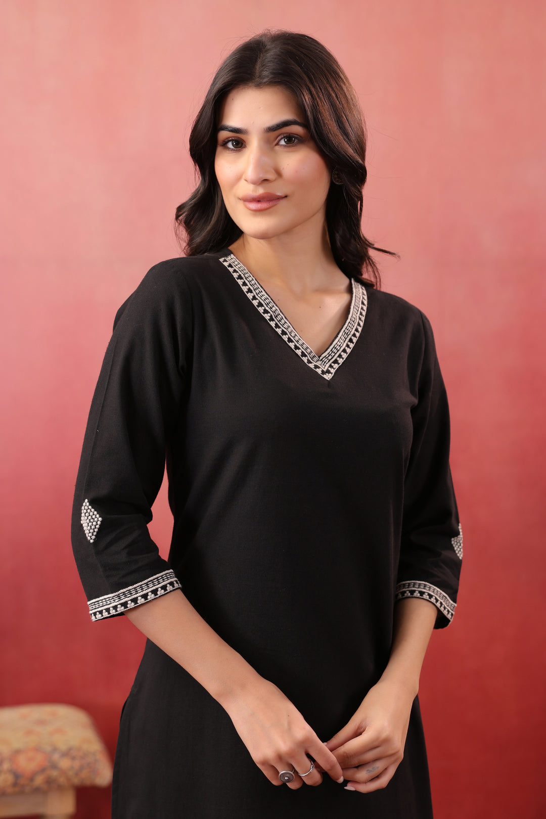 Black Cotton Flex Embroidered Designer Kurta Pant Set