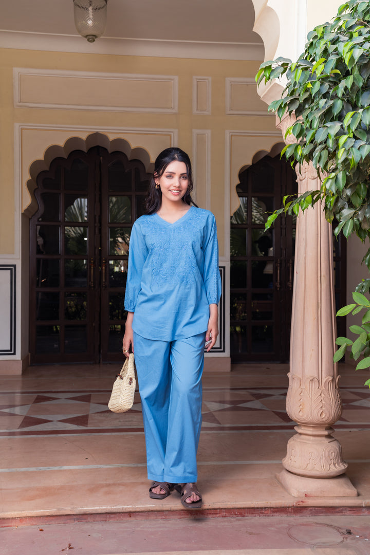 Aqua Blue Cotton Embroidered Co-Ord Set