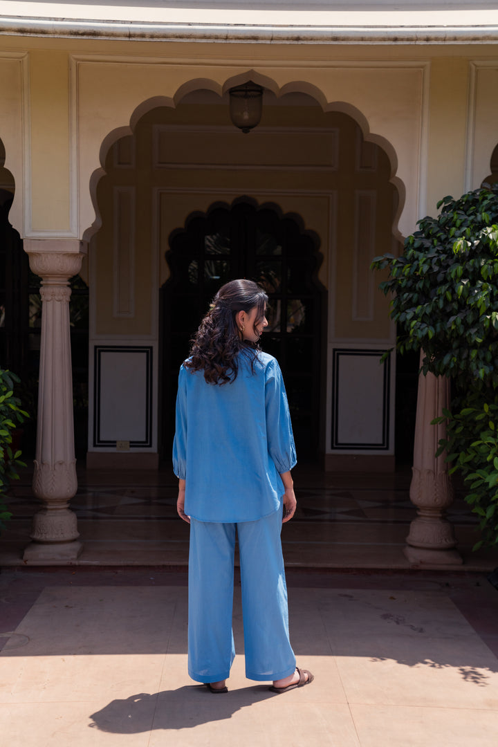 Aqua Blue Cotton Embroidered Co-Ord Set