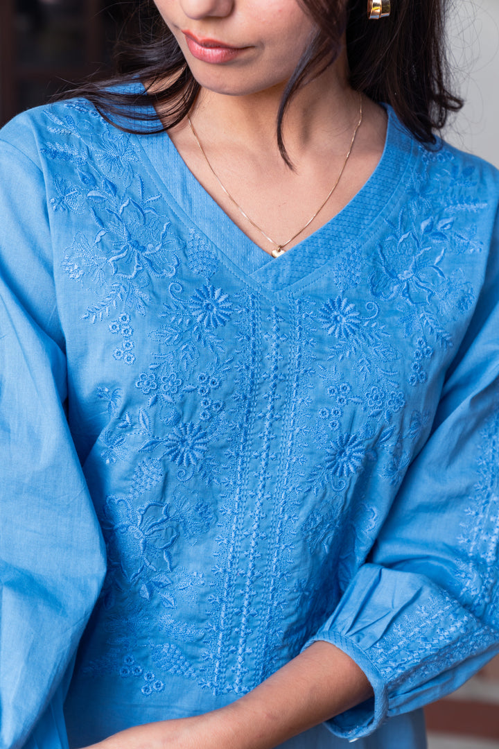 Aqua Blue Cotton Embroidered Co-Ord Set