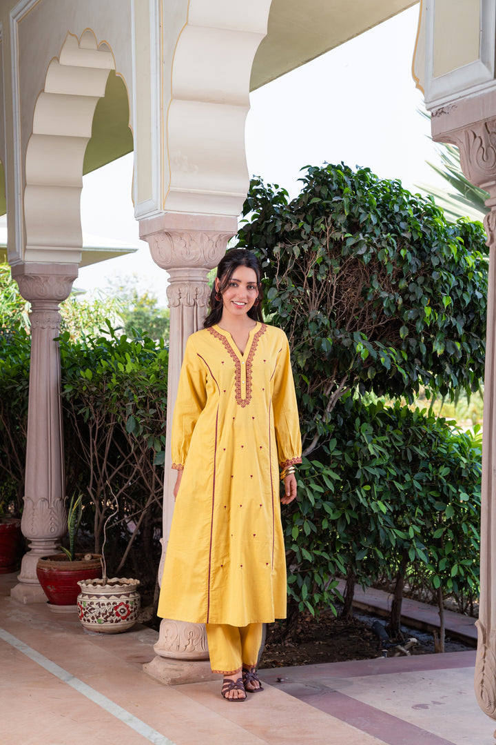 Mustard Cotton Embroidered A-line Kurta Pant Set