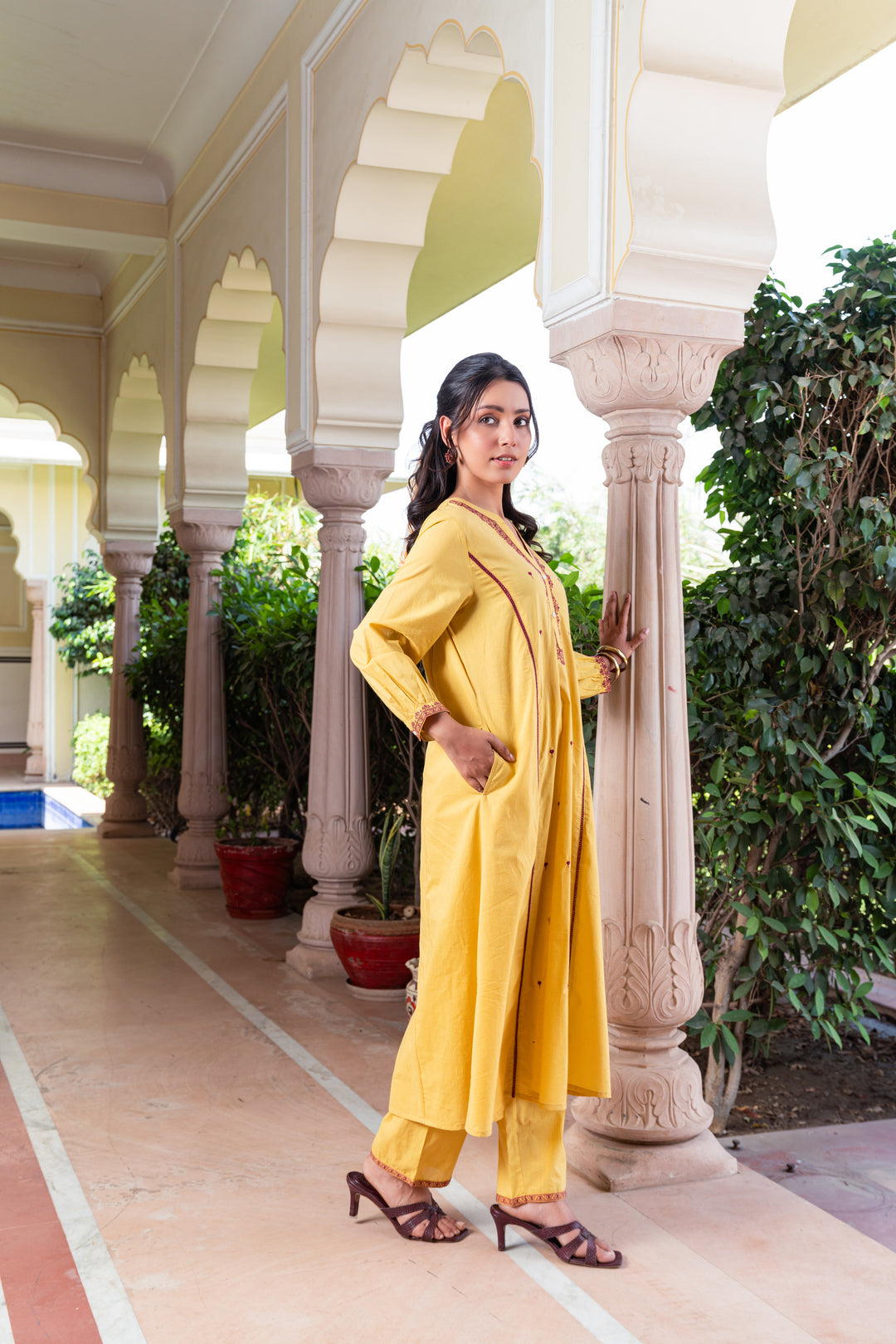 Mustard Cotton Embroidered A-line Kurta Pant Set