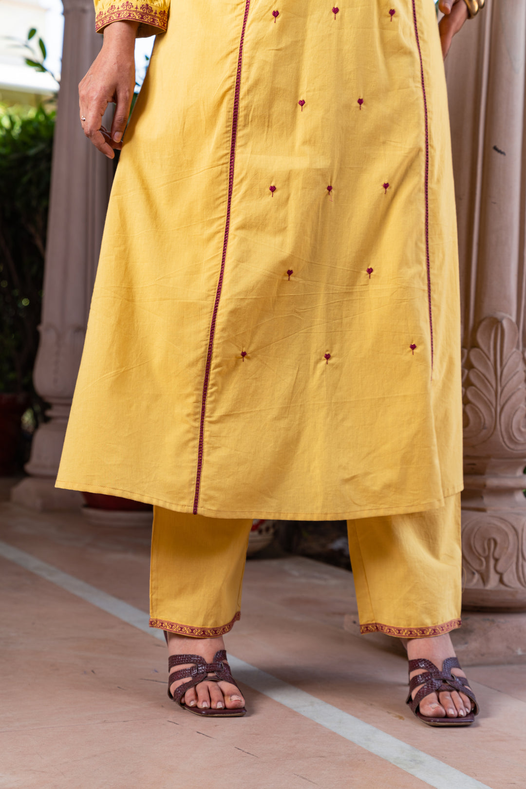 Mustard Cotton Embroidered A-line Kurta Pant Set