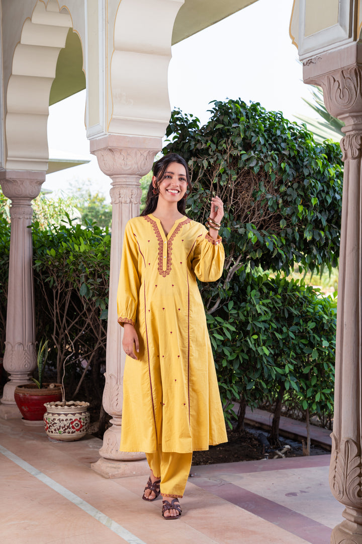 Mustard Cotton Embroidered A-line Kurta Pant Set