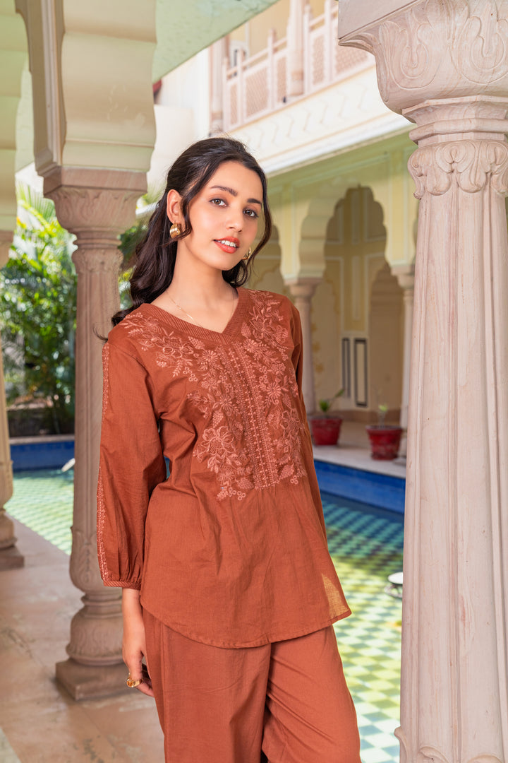 Brown Cotton Embroidered Designer Co-Ord Set