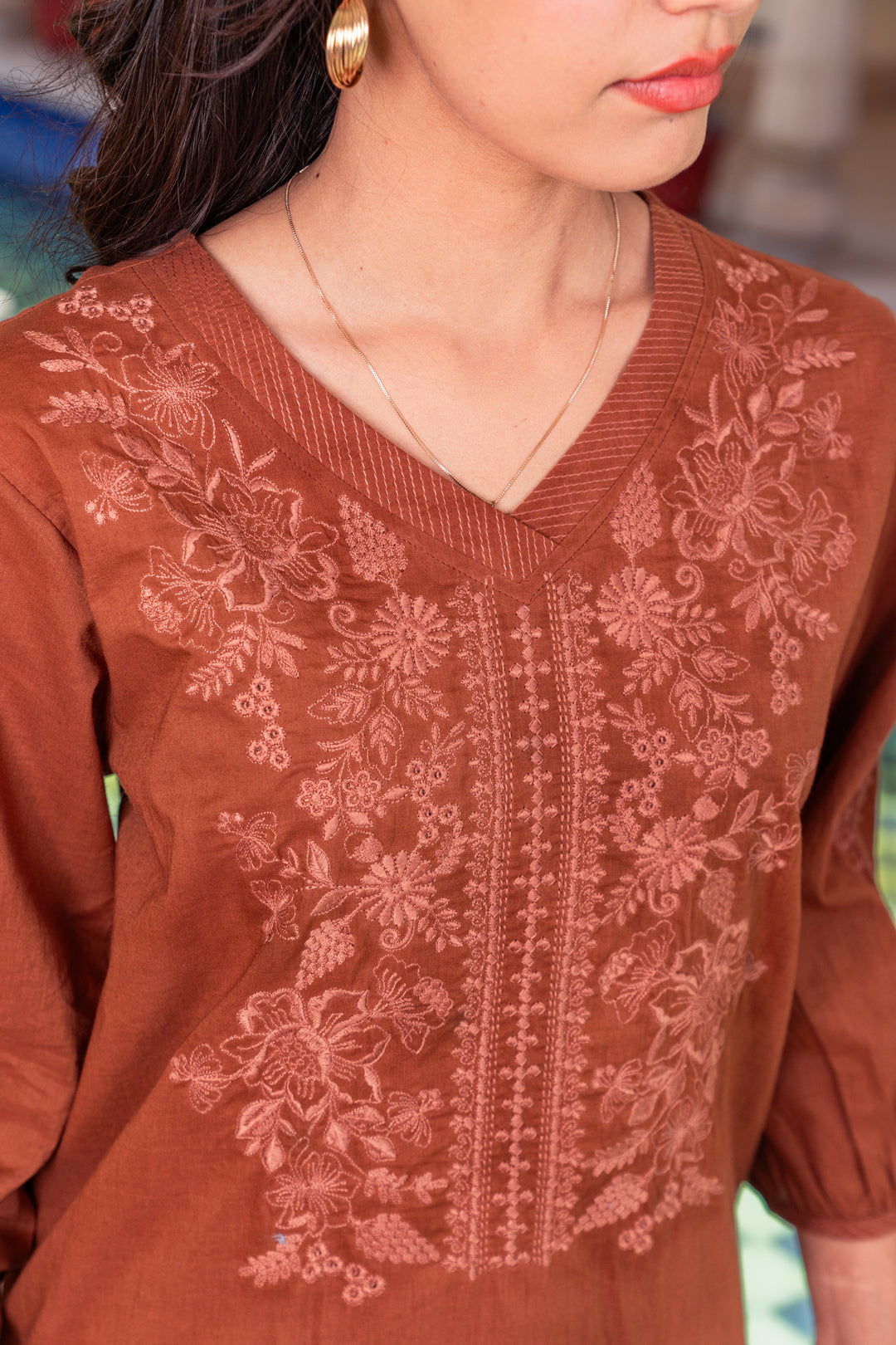 Brown Cotton Embroidered Designer Co-Ord Set