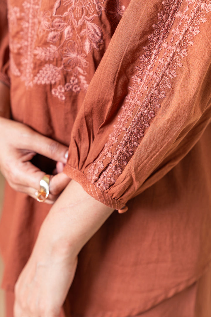 Brown Cotton Embroidered Designer Co-Ord Set