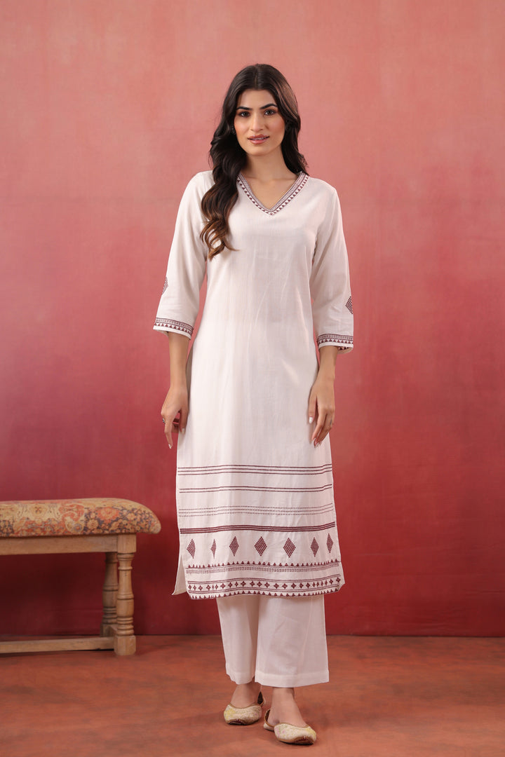 White Cotton Flex Embroidered Kurta Pant Set