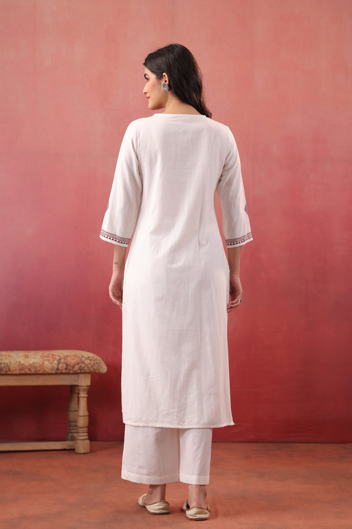 White Cotton Flex Embroidered Kurta Pant Set
