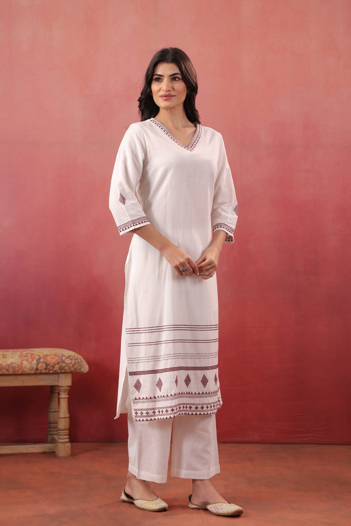 White Cotton Flex Embroidered Kurta Pant Set