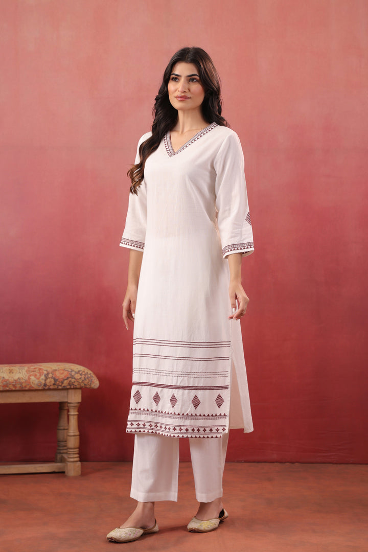 White Cotton Flex Embroidered Kurta Pant Set