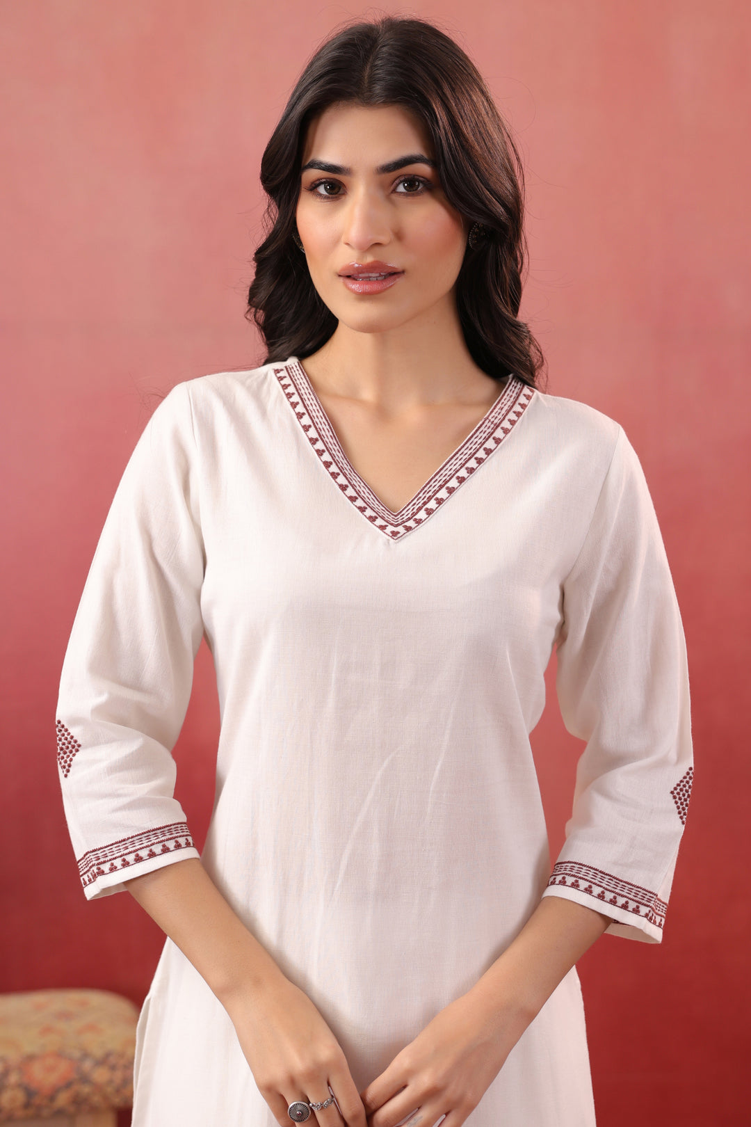 White Cotton Flex Embroidered Kurta Pant Set