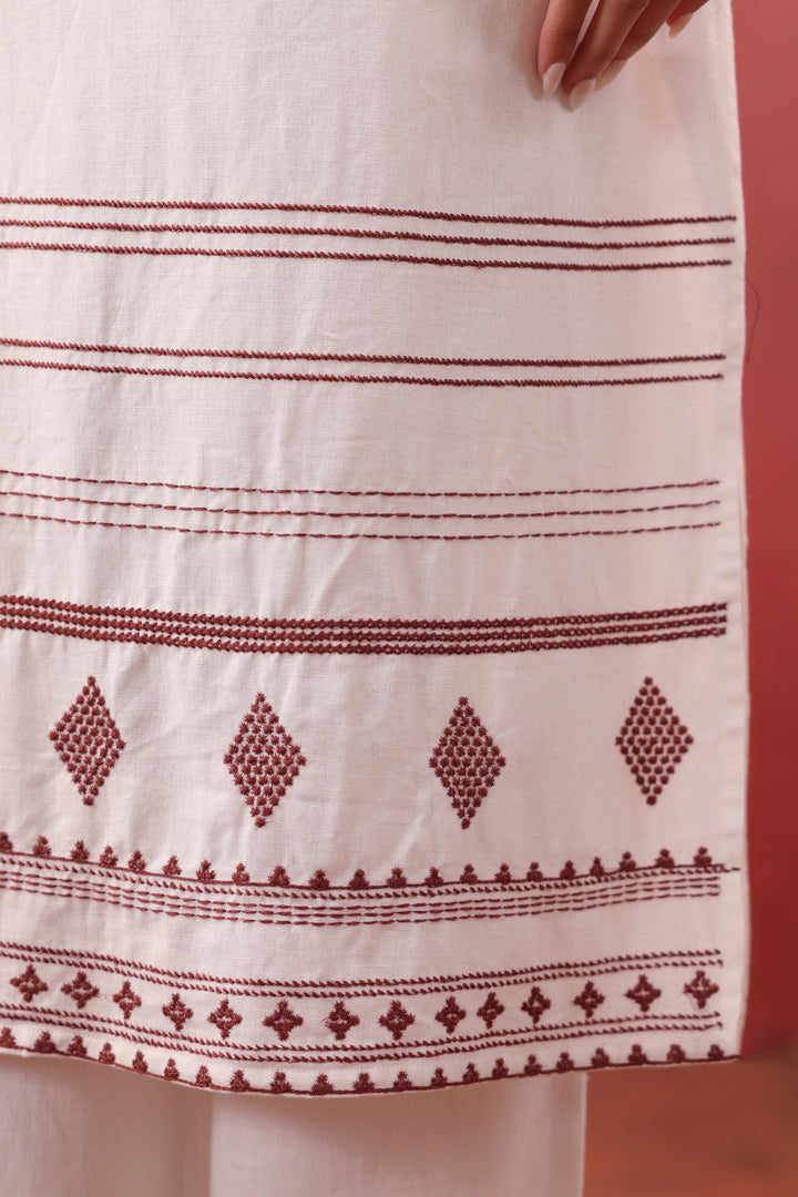 White Cotton Flex Embroidered Kurta Pant Set