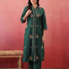 Dark Green Cotton Embroidered Kurta Pant Set