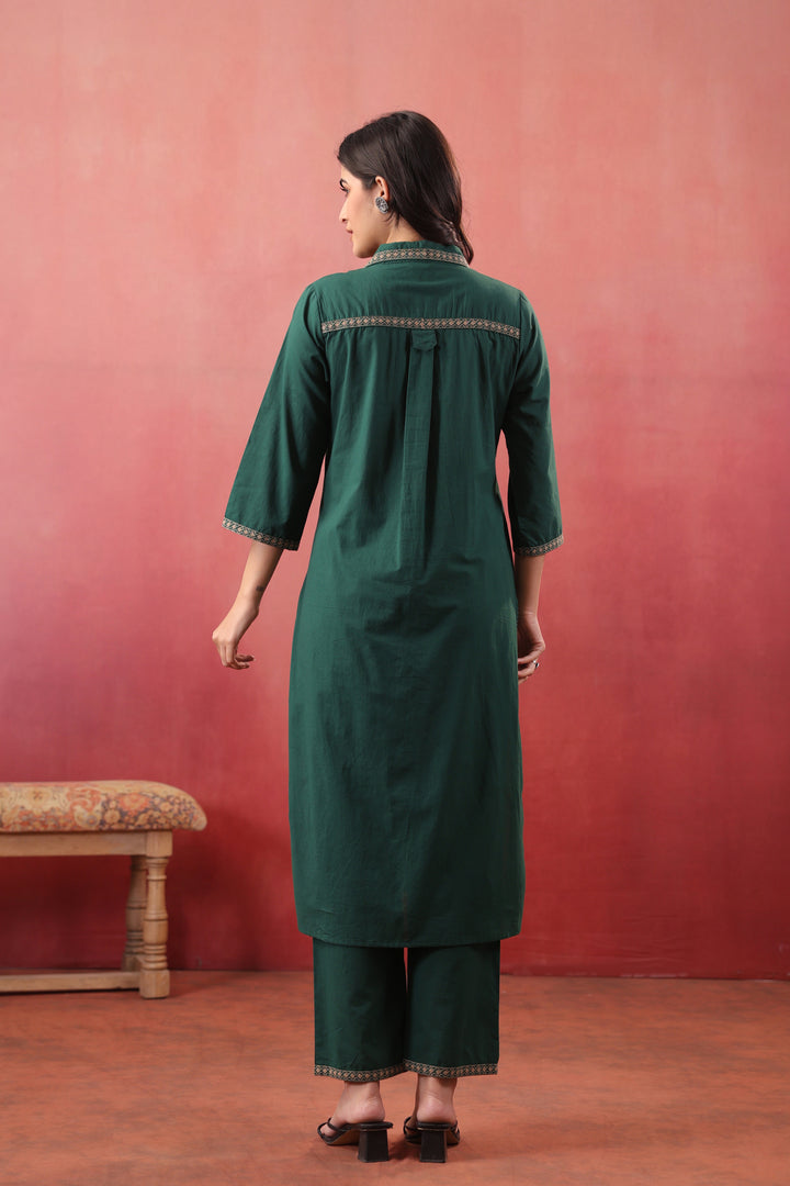 Dark Green Cotton Embroidered Kurta Pant Set