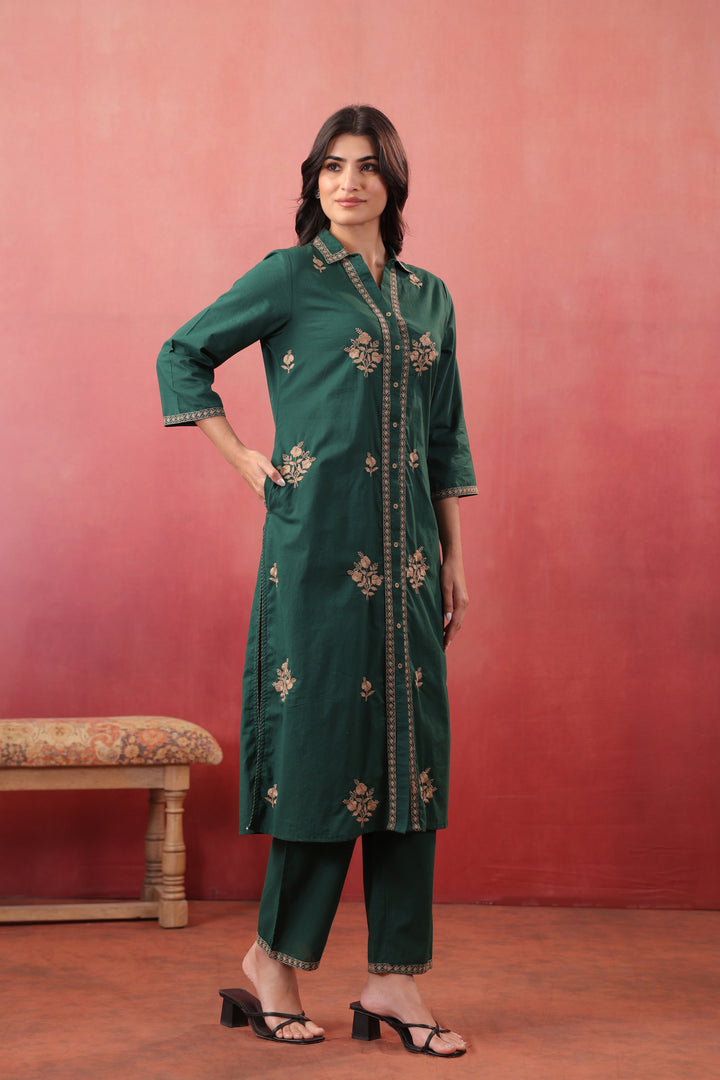 Dark Green Cotton Embroidered Kurta Pant Set