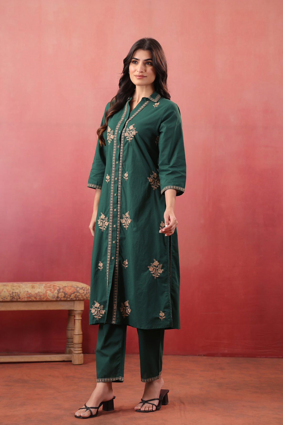 Dark Green Cotton Embroidered Kurta Pant Set