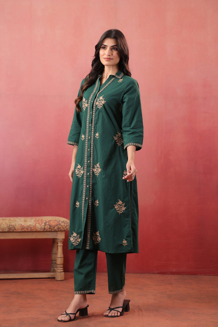 Dark Green Cotton Embroidered Kurta Pant Set