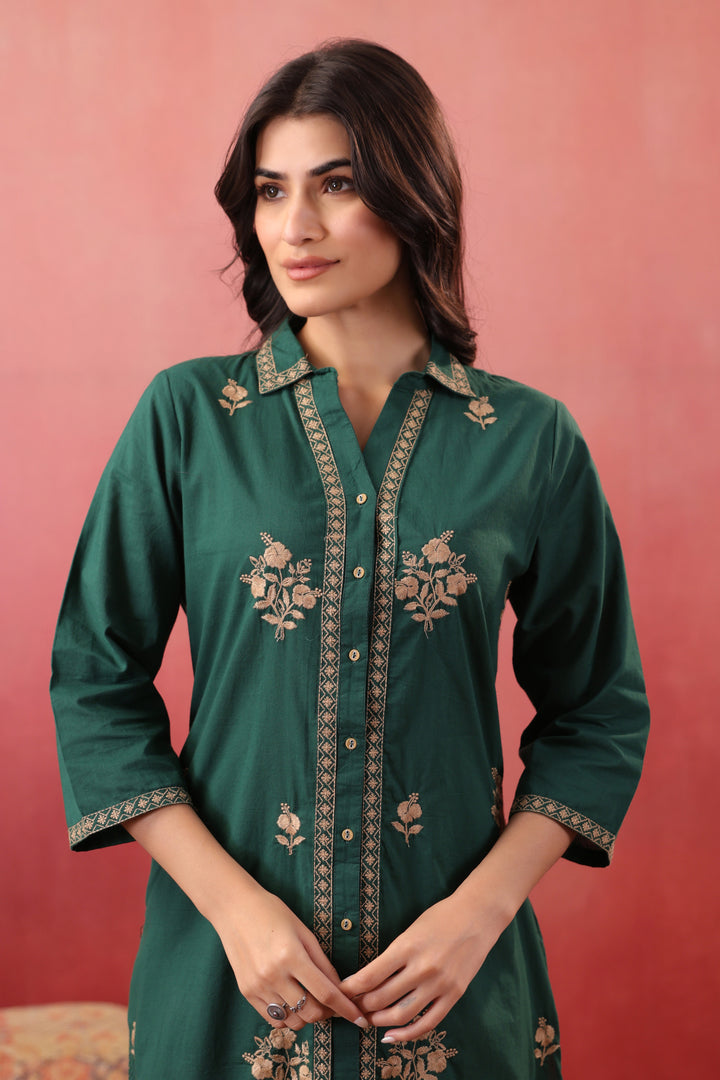Dark Green Cotton Embroidered Kurta Pant Set
