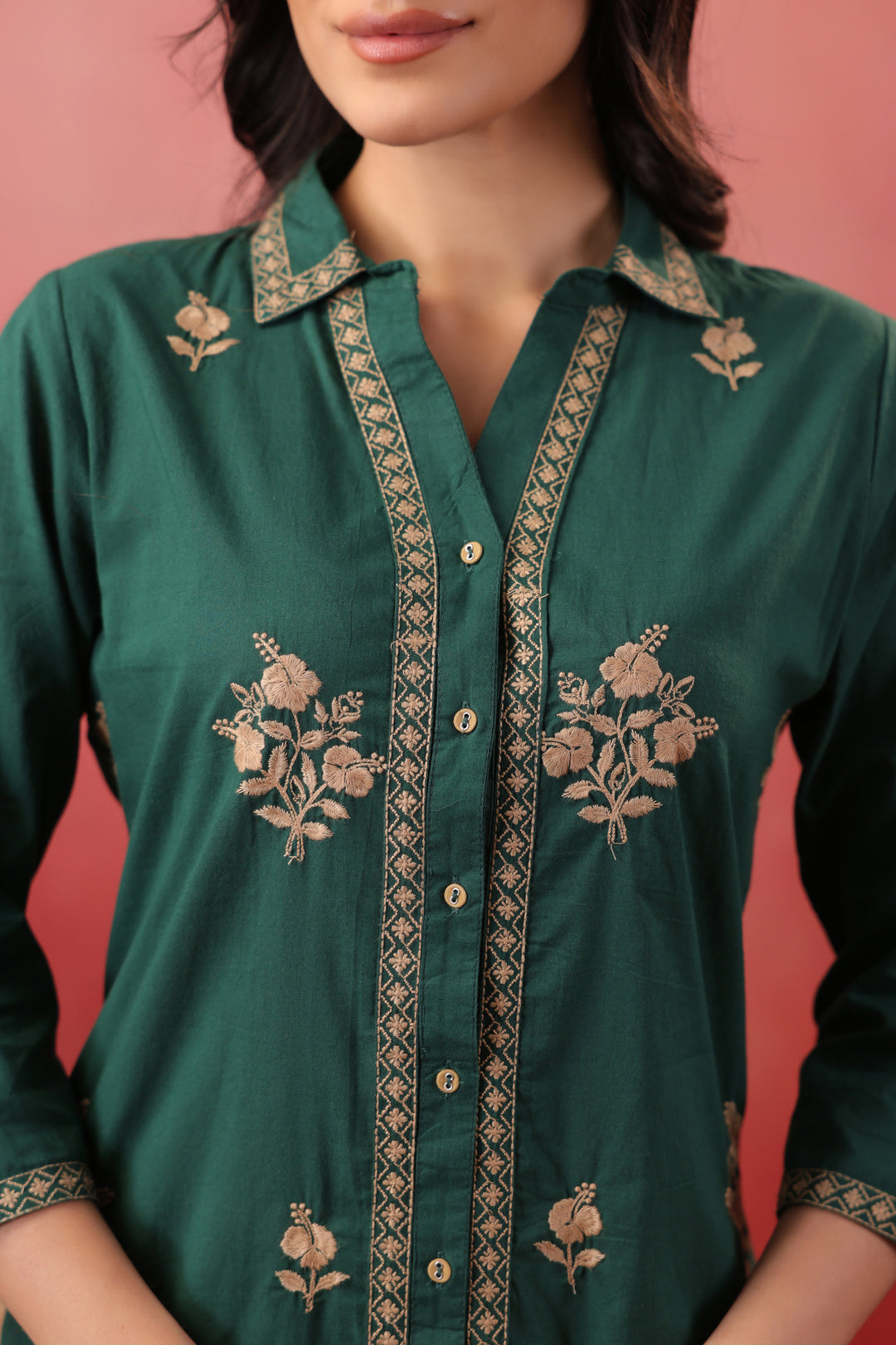 Dark Green Cotton Embroidered Kurta Pant Set