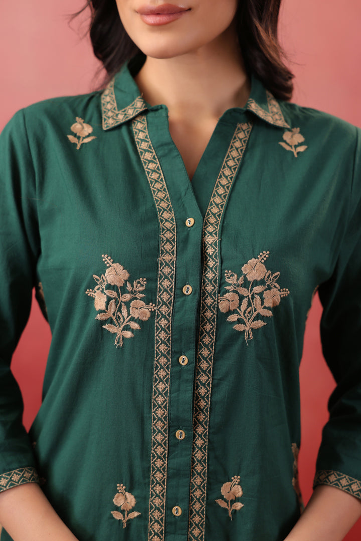 Dark Green Cotton Embroidered Kurta Pant Set