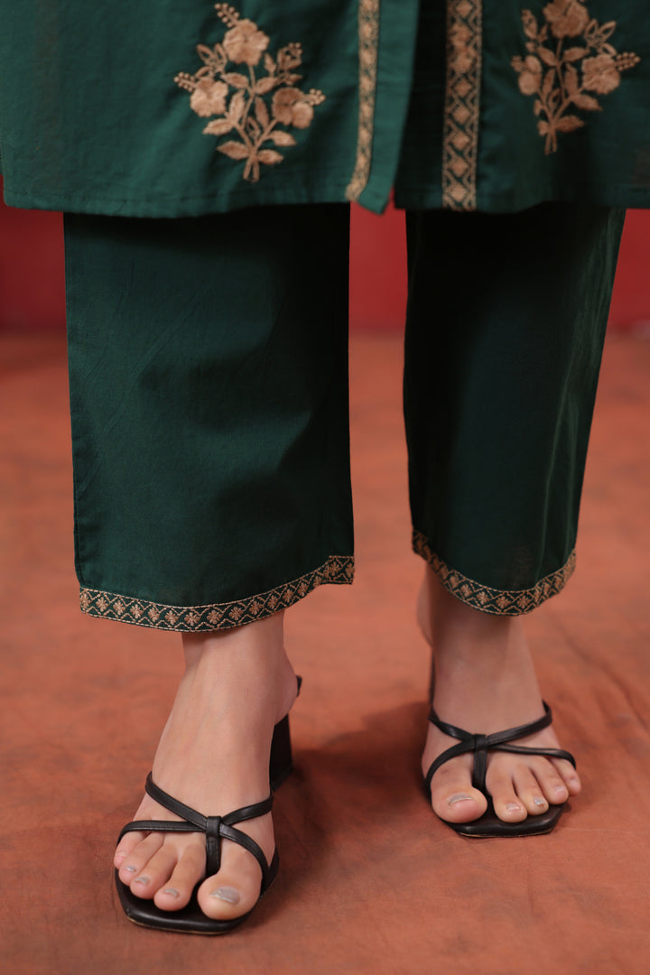 Dark Green Cotton Embroidered Kurta Pant Set