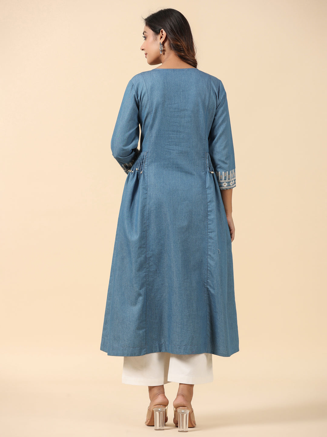 Blue Cotton Blend Embroidered Work Embroidery A-Line Kurta