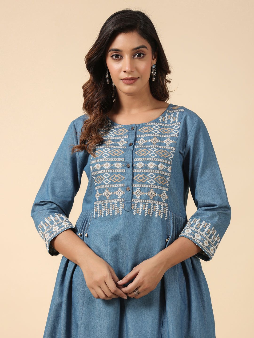 Blue Cotton Blend Embroidered Work Embroidery A-Line Kurta