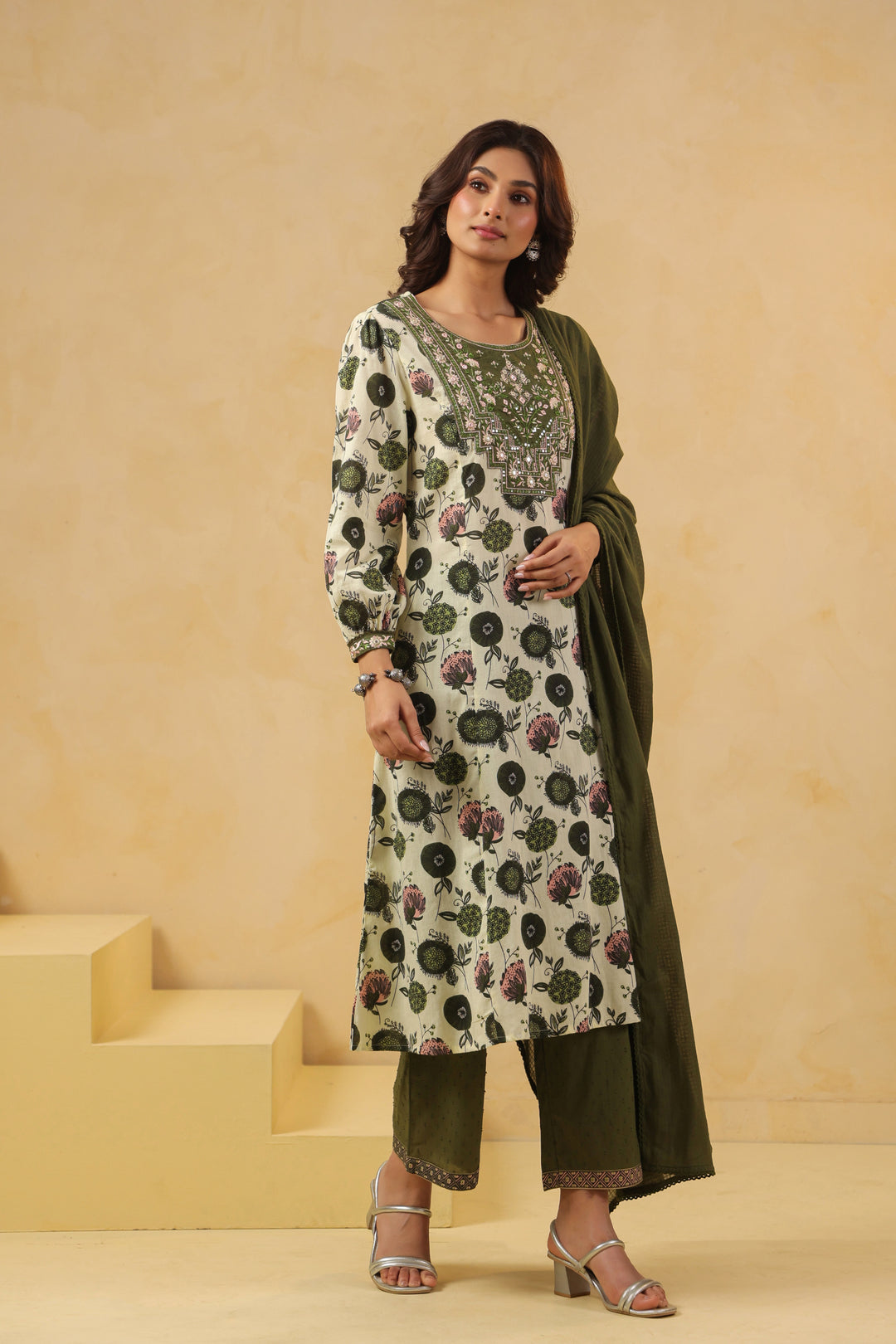 Green Cotton Embroidery  Designer Kurta Pant With Dupatta Set